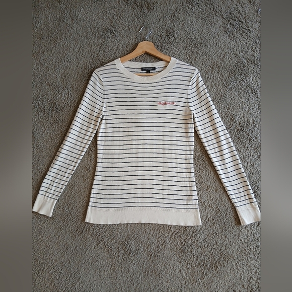 Silk & Cashmere Striped Cream & Black Crew Neck Knit Sweater XS Banana Republic - Picture 2 of 9